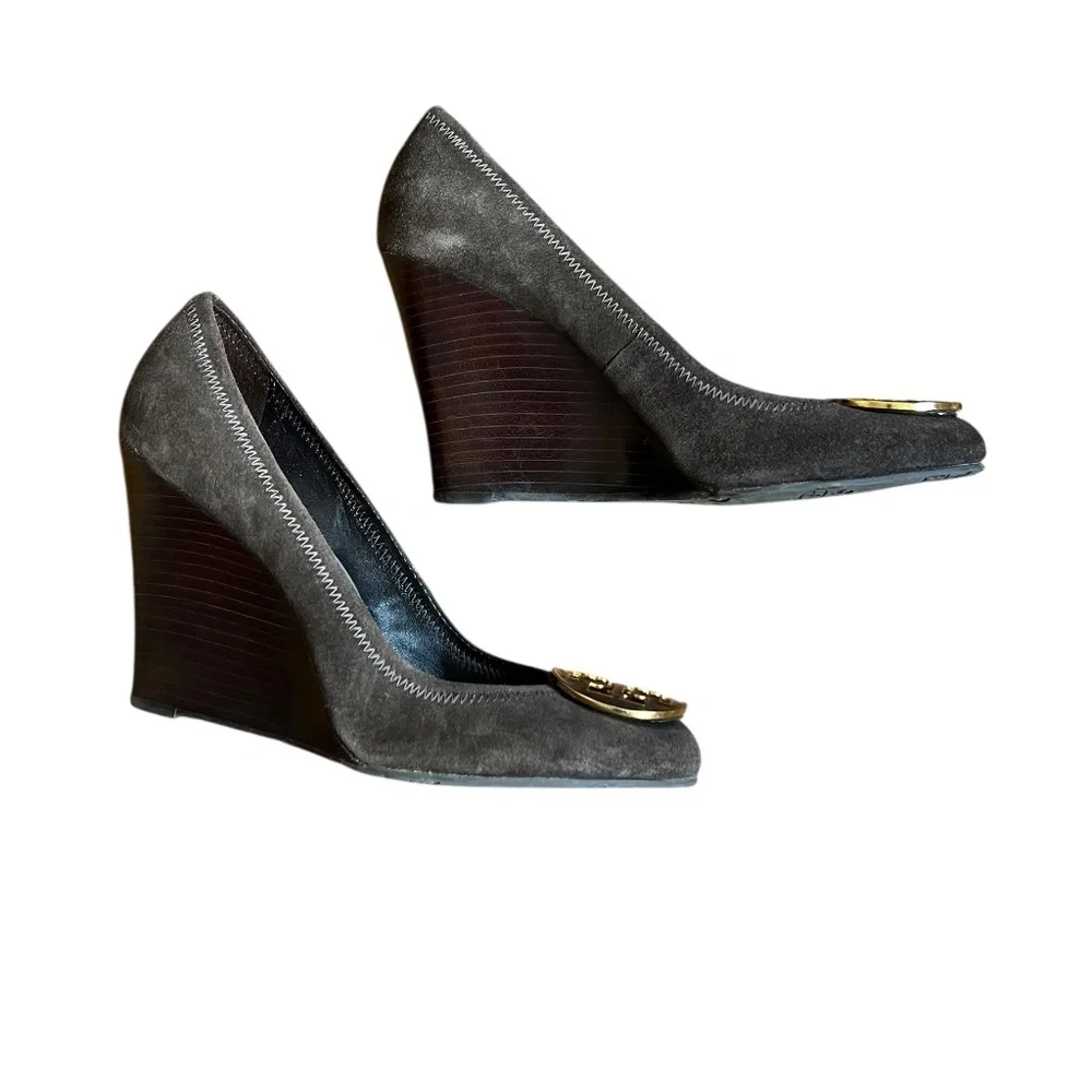 Tory Burch Brown Suede Sophie Wedges with Wooden Heel 8.5